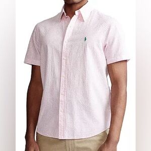 Ralph Lauren Men’s XL Seersucker Wrinkle Stripe Button-Down Shirt – Pink/White
